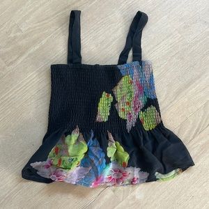 rouched black and tropical floral tank top
